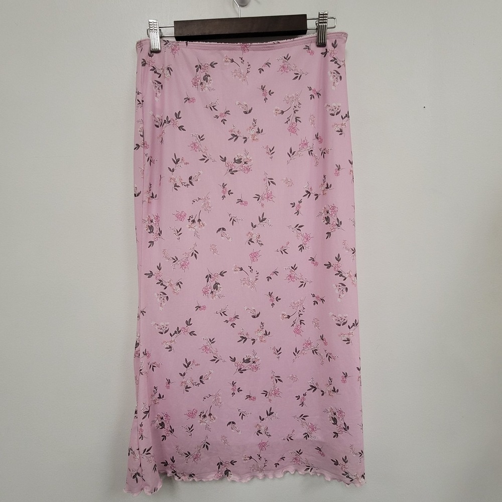 Womens 90s Microfloral Midi Skirt Size L Pink Fairy Y2K Dainty Feminine Stretch